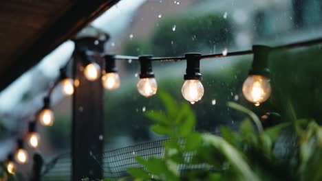 Slowmotion-clip-of-rain-falling-down-on-many-little-lights-outside