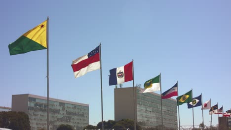 Banderas-Estatales-Nacionales-De-Muchas-Naciones-Con-Varios-Edificios-Del-Ministerio-Del-Gobierno-Brasileño-En-El-Fondo