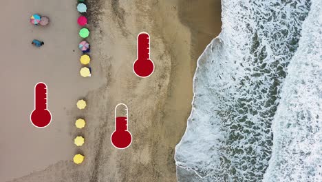 Summer-heat-thermometer-animation-showing-increasing-of-temperature-with-aerial-top-down-of-umbrella-in-ocean-sandy-beach