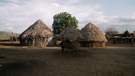 Casas-Tradicionales-De-Madera-Con-Techo-De-Paja-En-El-Asentamiento-De-La-Tribu-Karo,-Valle-De-Omo,-Etiopía