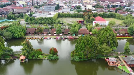 Aerial-of-floating-market-Lembang-with-boats-in-the-lake-in-Bandung-Indonesia-at-sunset