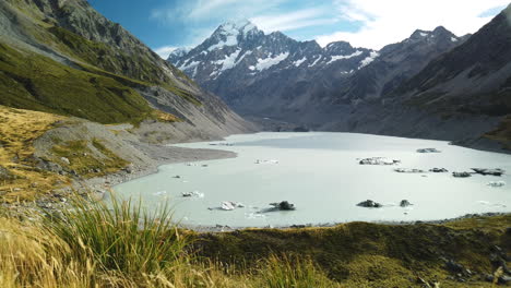 Relaxing-view-of-glacial-lake-and-high-mountains-during-summer