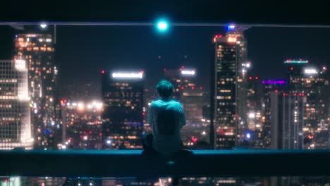 Young-adult-sitting-on-ledge-of-skyscraper-uses-his-camera-to-record-downtown-Los-Angeles-2