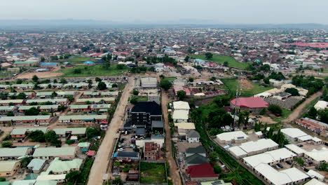 The-populated-Gwagwalada-area-of-Abuja,-Nigeria---aerial-flyover