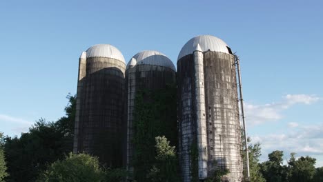 Three-Abandoned-Farm-Silos-With-Overgrown-Plants-And-Summer-Blue-Sky-Background-In-Medford,-New-Jersey,-USA