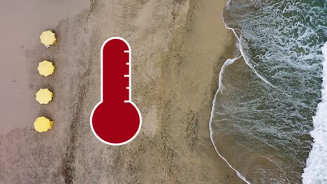 Sommerhitze-Klimawandel-Globale-Erwärmung,-Thermometeranimation-Zeigt-Temperatur-Mit-Antenne-Von-Oben-Nach-Unten-Auf-Regenschirm-Am-Sandstrand-Und-Ozeanwellen