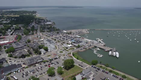 Aerial-view-towards-the-harbor,-sunny,-summer-day-in-Plymouth,-Massachusetts,-USA