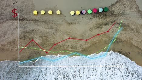 Ferienzeit-Mit-Steigender-Inflation-Und-Marktcrash,-Luftstrand-Von-Oben-Nach-Unten-Mit-Regenschirmlinien-Und-Meereswellen