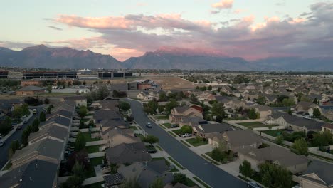 Sunset-aerial-view-of-a-typical-suburban-neighborhood-in-Lehi,-Utah