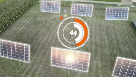 Animation-of-solar-panel-farm-with-display-showing-charging-battery-power,-photovoltaic-plant-project-for-electric-energy-supply-in-smart-city