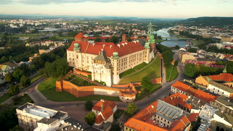 Aerial-view-of-beautiful-old-royal-castle-complex-named-Wawel-in-Krakow-at-sunrise