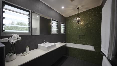 Stilvolles-Dunkles-Badezimmer-Mit-Einer-Grünen-Wand