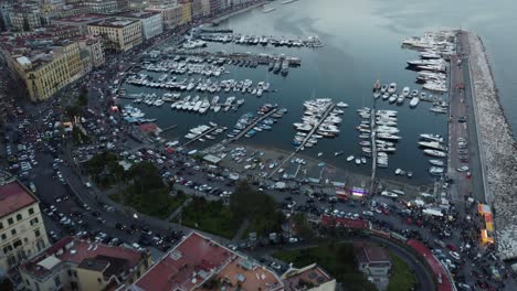 Harbor-in-Mergellina,-Naples,-Italy-filmed-by-drone-4k