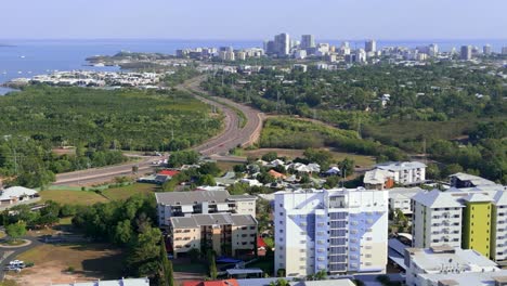 Drone-shot-of-apartment-buildings-over-looking-Darwin-city-skyline