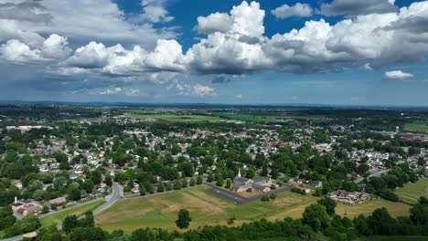 Aerial-establishing-shot-of-small-town-city-in-USA-during-summer