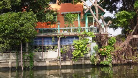 A-very-old-and-worn-out-house-in-the-backwaters-of-Bangkok,-with-a-huge-tree-crowning-aside-of-the-house,-in-the-poor-part-of-the-city-in-the-capital-of-Thailand-in-Asia
