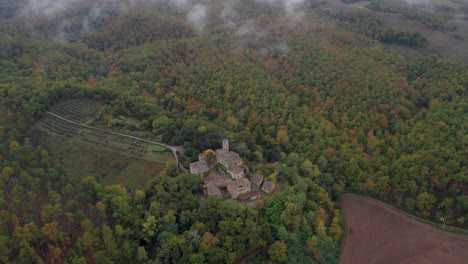 Establishing-shot-of-old-Castle-of-Montalto-in-scenic-Tuscany-woodland,-cloudy-day