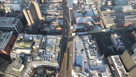 Aerial-drone-flight-over-Market-Street-during-lockdown-showing-a-Metrolink-tram-in-service-and-the-empty-streets-below