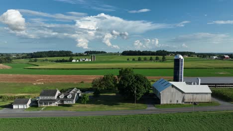 Aerial-truck-shot-of-family-farm-in-USA