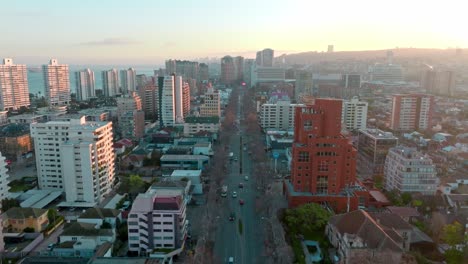 Aerial-view-dolly-in-from-Libertad-Avenue-in-ViÃ±a-del-Mar,-Chile