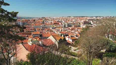 Vista-Aérea-De-Drones-Del-Centro-De-La-Ciudad-De-Lisboa,-Portugal,-En-El-Castillo-De-Sao-Jorge,-Un-Mirador-Increíble-Con-Vistas-A-Alfama-Desde-La-Popular-Atracción-Turística-De-La-Asombrosa-Arquitectura-Europea