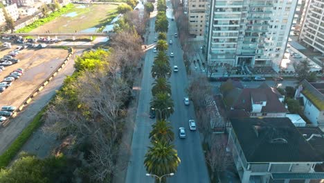 Dolly-in-aerial-view-of-a-two-way-road-separated-by-a-palm-tree-lined-road,-ViÃ±a-del-Mar,-Chile