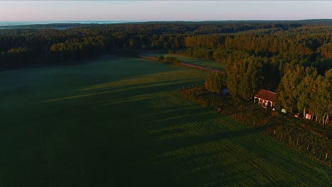 Luftaufnahme-Einer-Ländlichen-Landschaft-Mit-Haus,-Grünen-Feldern-Und-Bäumen