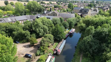 Canal-boats-moored-on-river-Stort-The-Maltings-Sawbridgeworth-Hertfordshire-aerial-view