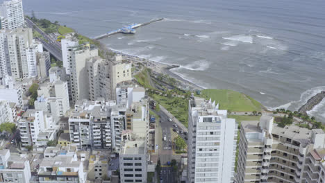 Aerial-drone-shot-of-the-green-coast-of-the-city-of-Lima,-capital-of-Peru