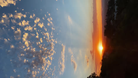 Tiro-Vertical-De-La-Hermosa-Puesta-De-Sol-Con-Sol-Dorado-Contra-El-Cielo-Azul-Sobre-Los-ángeles-En-California