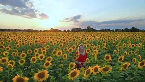 Joven-Rubia-Embarazada-Sonriendo-En-Un-Campo-De-Verano-Floreciente-De-Girasol-Al-Atardecer-Mostrando-Su-Vientre-Redondeado-Con-Las-Manos-En-Forma-De-Corazón-Usando-Un-Vestido-Rojo-De-Moda