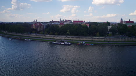 Krakow,-Poland-in-aerial-pedestal-up-view-from-Vistula-river