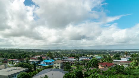 Clouds-rolling-over-residential-suburban-area-of-Suva,-capital-of-Fiji,-timelapse