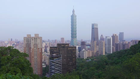 Amanecer-Sobre-La-Torre-Taipei-101-En-La-Ciudad-De-Taipei,-Taiwán-Con-árboles-En-Primer-Plano