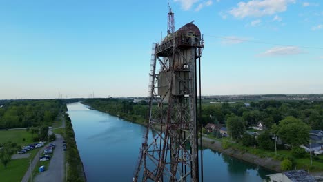 Aerial-arc-around-top-of-Bridge-13-on-Welland-Canal