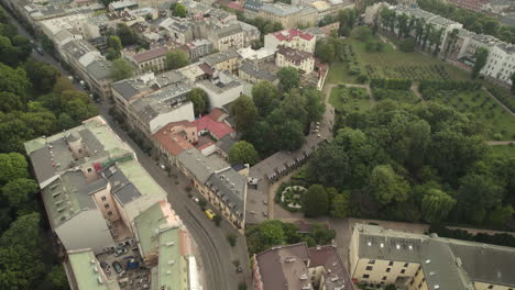 Stradom-district-in-Krakow,-Poland,-aerial-view-over-Missionary-Father's-Garden