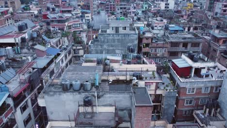Rooftop-concrete-jungle-in-Kathmandu,-Nepal,-aerial-view