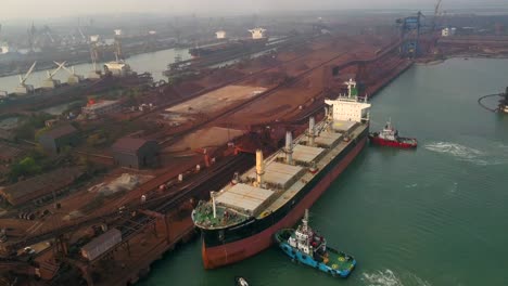 Bulk-Carrier-Cargo-Ship-Loaded-With-Coal-In-Paradip-Port,-Odisha,-India---aerial-drone-shot