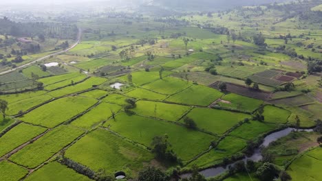 Aerial-Panoramic-View-Of-Agricultural-Land-Near-Trimbakeshwar-In-Nashik,-India