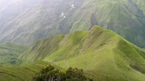 Aerial-mountain-landscape-and-trees-with-3-people-standing-on-top-of-the-last-hill