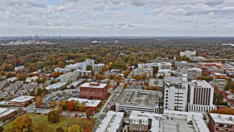 Atlanta-Aerial-v740-wide-angle-panoramic-pan-view-capturing-downtown-cityscape-of-Decatur-with-beautiful-autumn-foliage-trees-during-fall-season---Shot-with-Mavic-3-Cine---November-2021