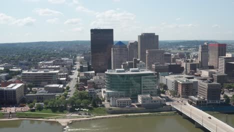 Dayton,-Ohio-skyline-and-bridge-with-drone-video-moving-left-to-right