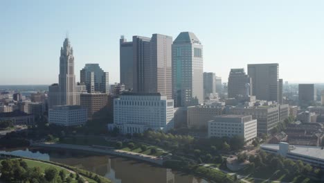 Columbus,-Ohio-skyline-on-bright-day-with-drone-video-moving-in-close-up