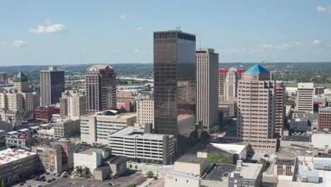 Dayton,-Ohio-skyline-and-river-with-drone-video-moving-left-to-right