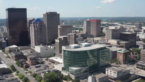 Dayton,-Ohio-close-up-skyline-with-drone-video-moving-right-to-left