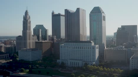 Columbus,-Ohio-skyline-on-bright-day-with-drone-video-moving-left-to-right