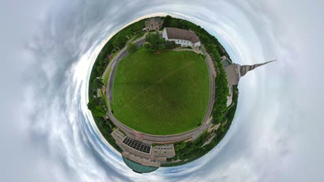 Tiny-Planet-360-view-of-Zion-Temple-lot-with-the-churches-in-Independence-Missouri-with-the-Church-of-Christ,-Community-of-Christ,-Remnant-and-The-Church-of-Jesus-Christ-of-Latter-day-Saints