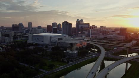Drone-Shot-of-Downtown-Orlando-at-sunrise