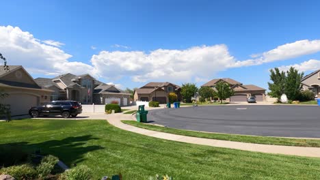 A-typical-suburban-neighborhood-on-a-sunny-summer-day---panning-wide-angle-time-lapse