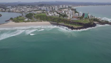 Duranbah-Beach-With-Point-Danger-Park-In-Tweed-Heads,-NSW,-Australia---aerial-drone-shot